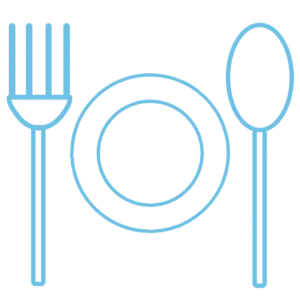 Icon of cutlery and a plate in the center